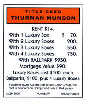 Thurman Munson Title Deed Monopoly Card